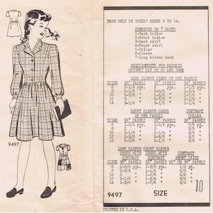 May include: Vintage sewing pattern for a girls' dress, featuring a plaid design with a collared neckline and button details. The pattern includes size and fabric requirements, with the number 9497 visible.