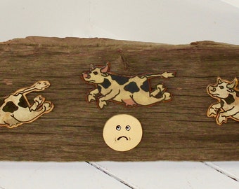 Hey Diddle Diddle Farmhouse Wooden Barn Board with Cow Jumping Over the Moon from Vermont Nursery Rhymes Kids Room Children's Bedroom