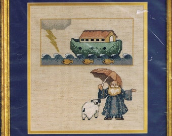 Vintage 1996 Bucilla Alma Lynne Stormy Night Counted Cross Stitch Kit Sealed Excellent Noah&#39;s Ark Sheep Umbrella Lighting Bolt 9&quot; X 10&quot;