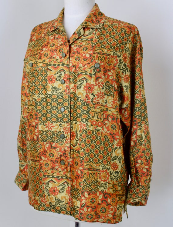 Japanese Silk Tunic Size Large Live Coral and Green Print - Etsy