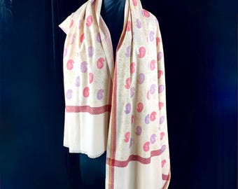 Châle de prière vintage Cachemire mauve rose sur papier jacquard rayonne rose 70 x 35 Wrap Excellent état comme neuf