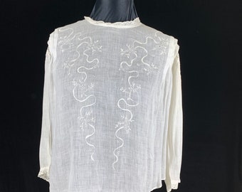 Antique True Victorian White Laine Blouse M Embroidery Cutwork Lawn Tucks Very Good Condition Vintage Top