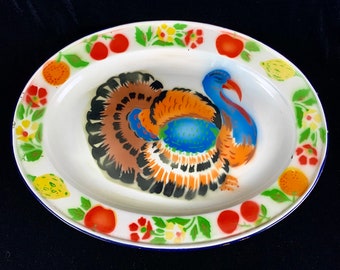 Vintage Large Enamel Oval Thanksgiving Dinner Turkey Platter Colorful Orange Blue Tom with Fruit