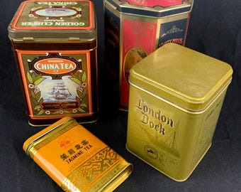 4 Vintage Tins Sugar Tea Tobacco Assorted Sizes Red Gold Colors Advertising Containers Storage Display