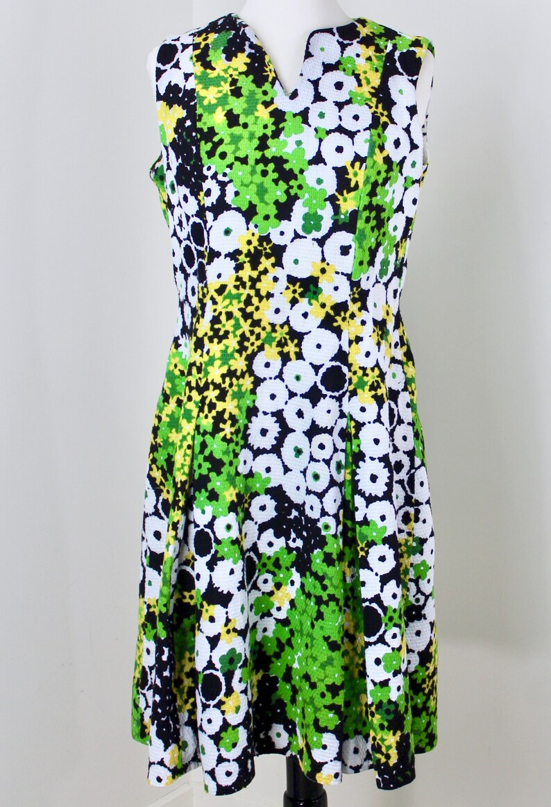 Vintage 1960s A-Line Dress size Medium Waffle Weave Cotton Flower Power Kick Pleats Sleeveless Spring Break Floral