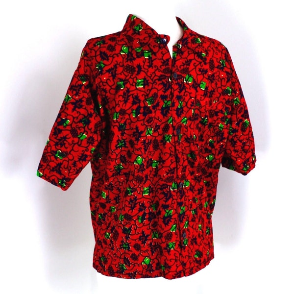 Guaranteed EURO Wax Block Prints Red Shirt African Vines size 44-46 Short Sleeve