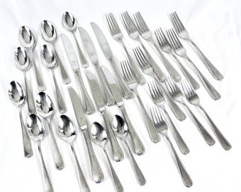 29pc Lot Ribbon Edge Satin 18 8 Stainless Steel Flatware by Gorham Korea Vintage