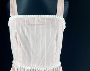 1970s Vintage Lanz Original Pink Striped Sundress size 11-12 Fit Flare Straps Straight Neckline White Pleated Trim Pockets Button Back Dress