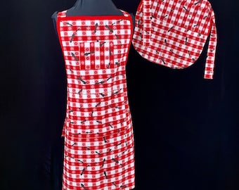 Vintage Handmade His and Hers Grilling Aprons Red and White Checked with Ants Excellent Condition 2002 Picnic Cotton Fabric