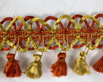 New By the Yard Scroll Gimp with Double Scallops and Tassels Trim Fringe Burnt Orange and Gold Brand New Drapery Upholstery