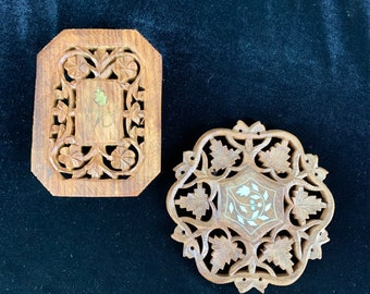 2 Vintage Hand Carved Wood Trivets Inlaid Floral Foliage India Excellent Condition Gift Hot Plates Hippie Mid Century