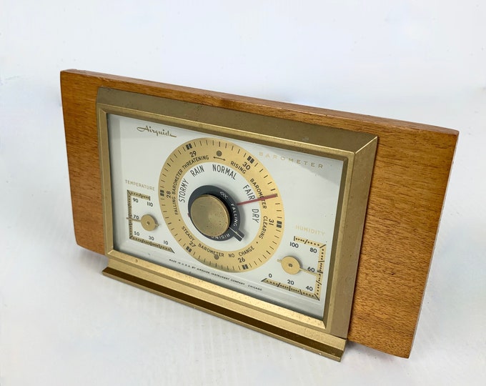 Sleek Mid Century Modern Airguide Barometer Glass Brass Oak Etsy