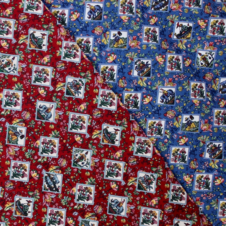 Interior Designer Tablecloth and Runner in Contrasting Red White and Blue Cotton Farmhouse Raj India Elephants Water Buffalo Floral