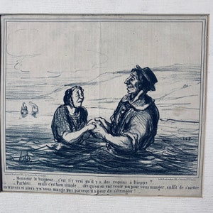 Antique June 8 1858 Honore Deumier Lithograph Original Political Newspaper Cartoon Aux Bains De Mer Swimming with Sharks Matted Matted