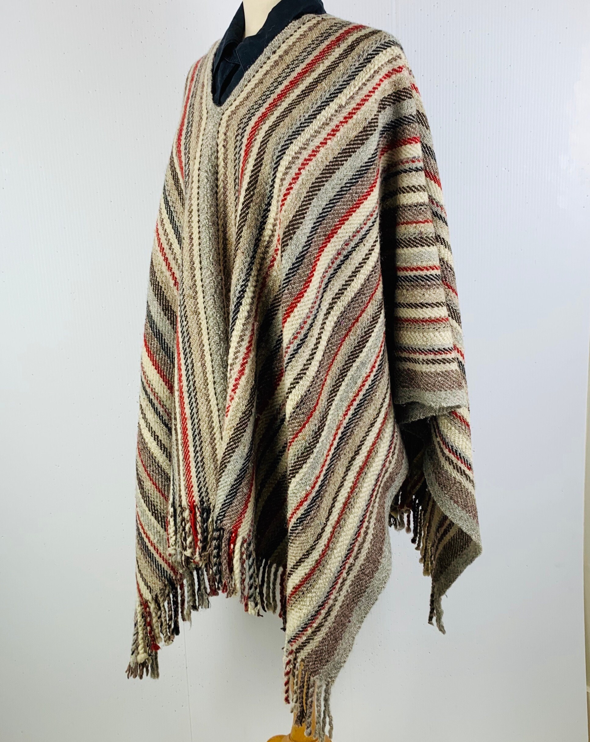 Artist Loom Woven Poncho 100% Wool Stripes Fringe Handwoven by | Etsy