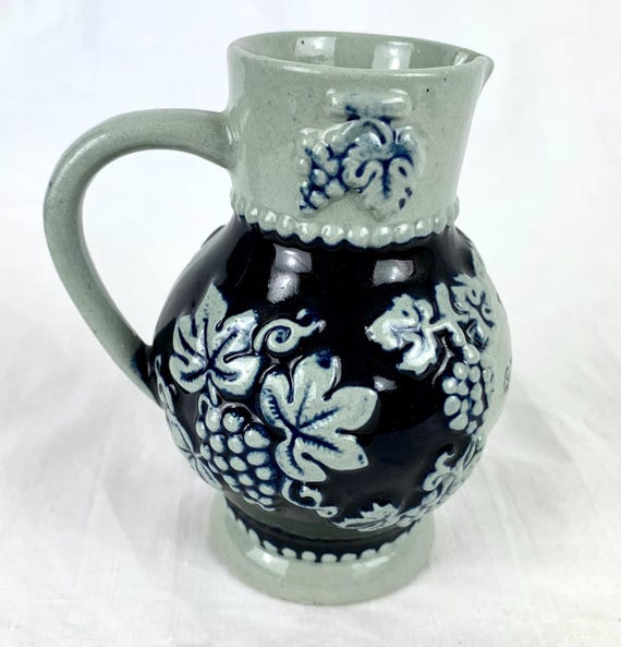 Vintage German Blue and White Pottery Pitcher 1/4 L Stein Vase 3D Grapes and Vines Excellent Christmas Gift Condition