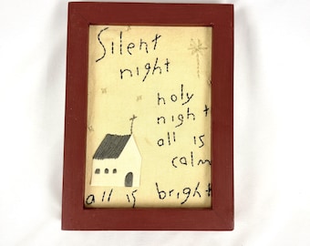Broderie artisanale encadrée en bois, style folk art, Noël 1993, Douce Nuit, Sainte Nuit