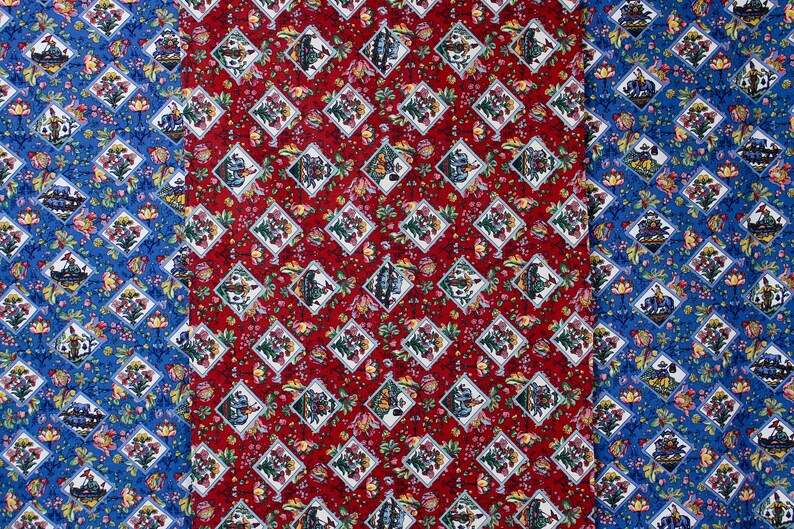 Interior Designer Tablecloth and Runner in Contrasting Red White and Blue Cotton Farmhouse Raj India Elephants Water Buffalo Floral