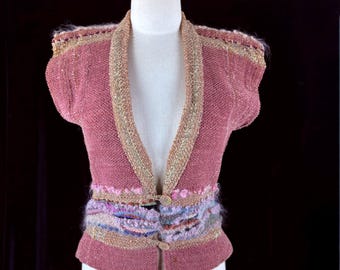 Vintage des années 1980-90 Marcia Phillips Weavings laine gilet 8 poussière rose w arc-en-ciel texturé taille art portable excellent état cadeau
