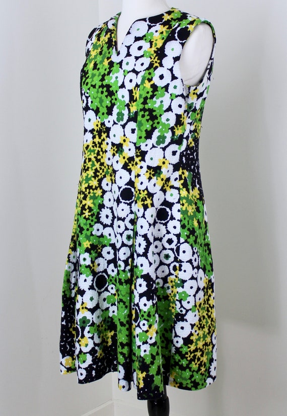 Vintage 1960s A-Line Dress size Medium Waffle Weave Cotton Flower Power Kick Pleats Sleeveless Spring Break Floral