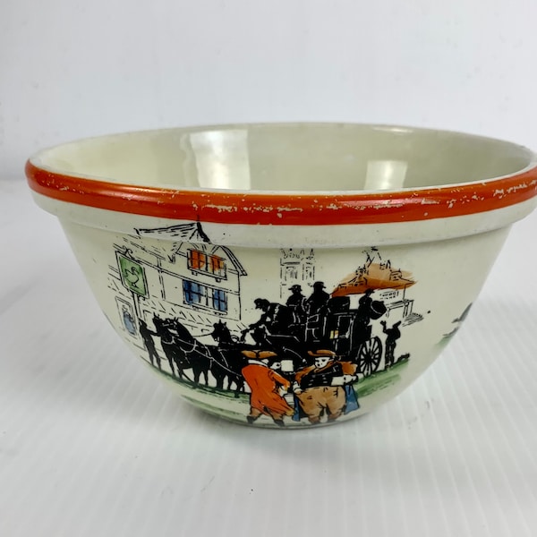 Antique RH Macy & Co Mixing Bowl 7 in Diameter Village Stage Coach Scenes Orange Trim Old Vintage Silhouettes Made in England