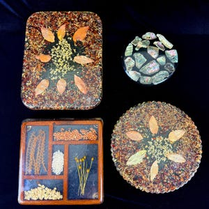 May include: Four resin coasters and trays with natural elements. One rectangular tray with leaves and seeds, a round coaster with abalone shells, and two round coasters with leaves and seeds.