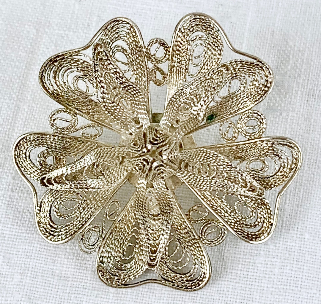 vintage flower HANDMADE STERLING　brooch Lang Flower and Leaves Vintage Sterling Silver Brooch or
