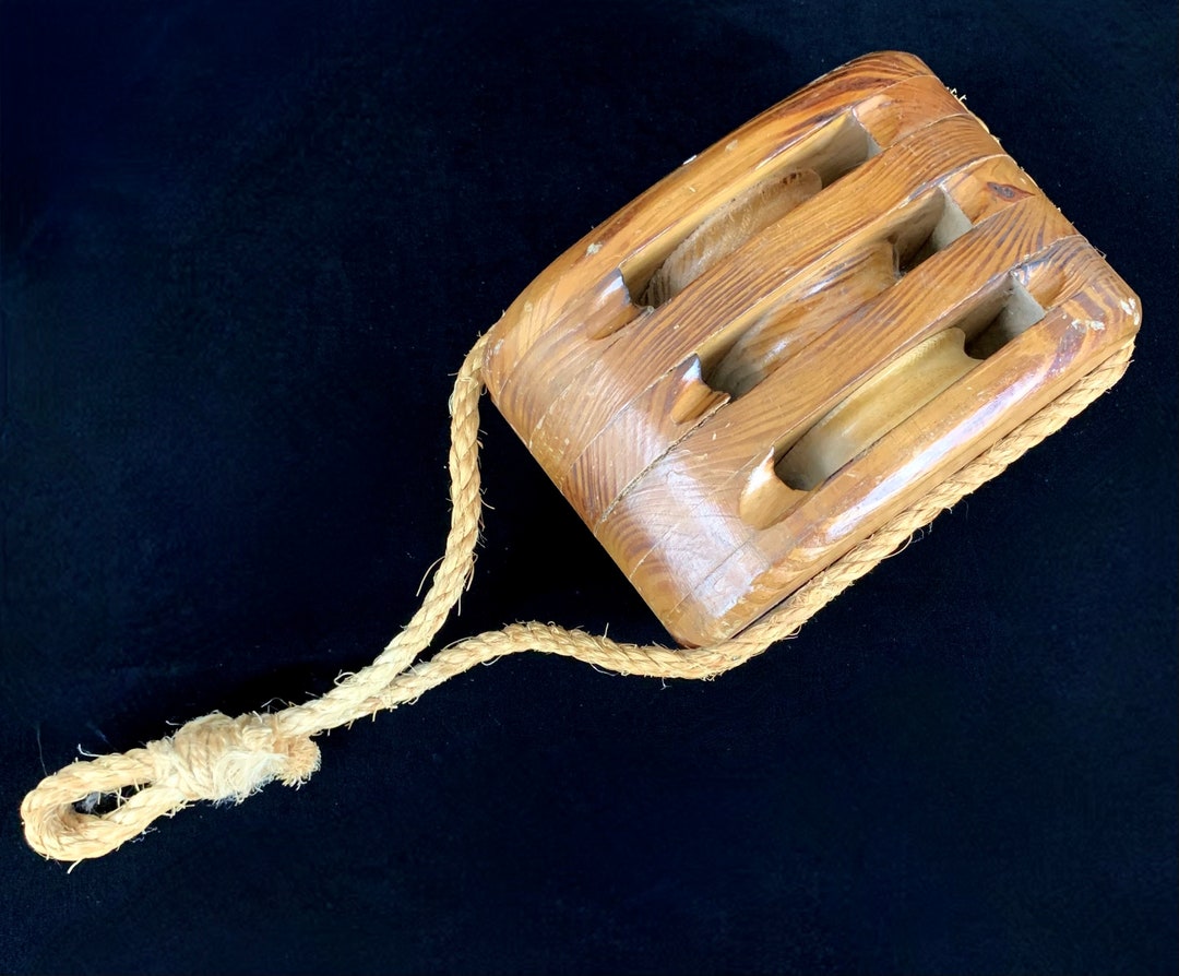 Vintage Large Wooden Triple Block and Tackle 3 Rope Non Moving Interior Nautical Decor Sail Boat