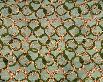 Tissu africain HiTarget en cire véritable vintage mais neuf 1,75 m, matériau de couette réversible en coton, cercles verts orange