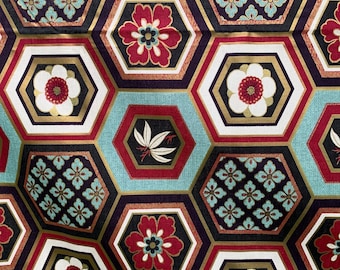 New Quilt Gate Fabric 2 yards Cotton Japanese Floral in Hexagons Made in Japan Teal Black Red Gold Detail Excellent Condition