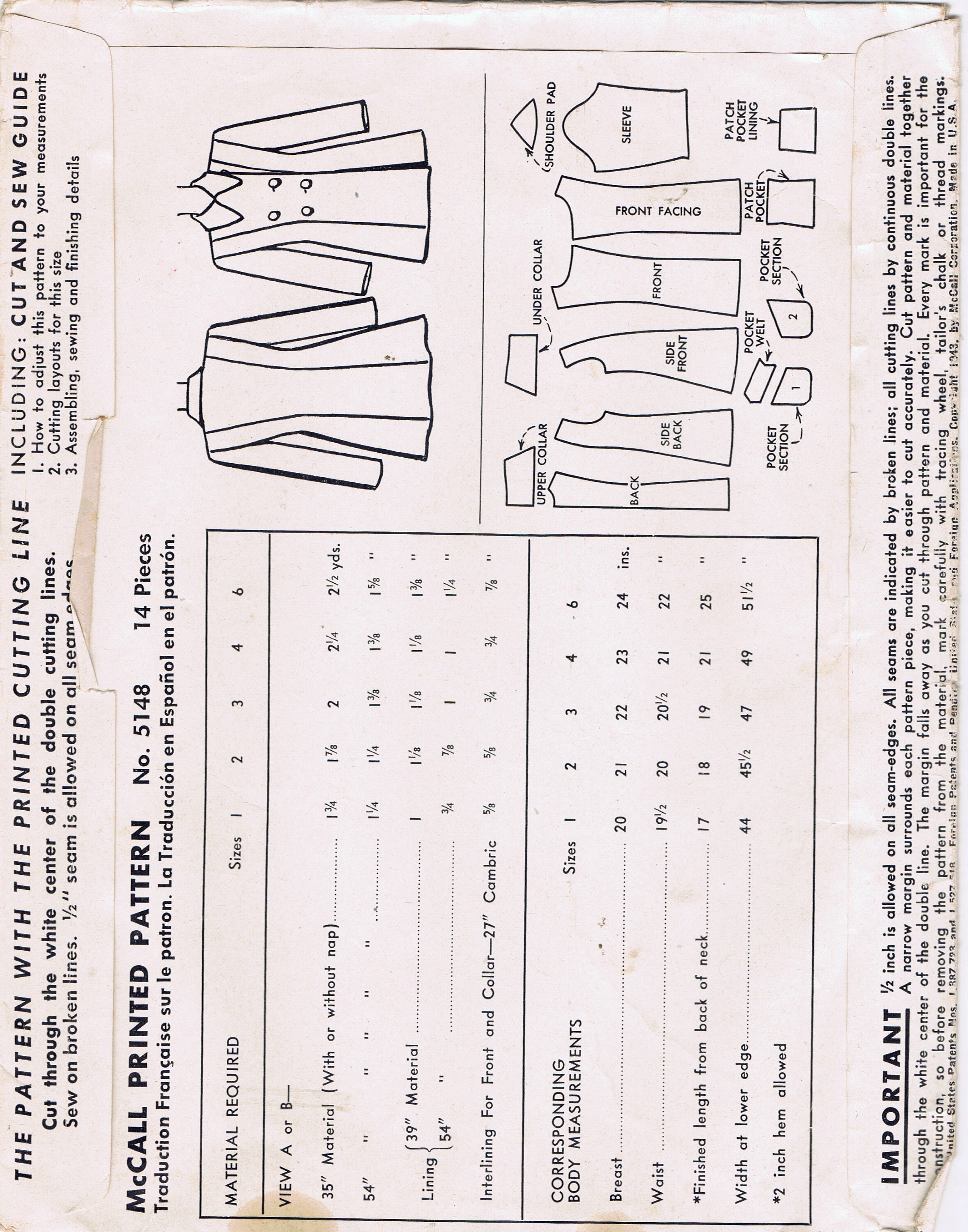 1943 Child's Double Breasted Coat Sewing Pattern Size 3 Etsy