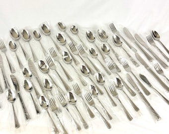 Service de couverts japonais en acier inoxydable, 51 pièces, motif losanges géométriques, pour 8 personnes (neuf, ancien stock).