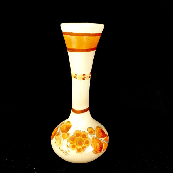 Vintage Mexican Tonal Folk Art Tall Vase Hand Painted Floral Signed Earthy Bronze Colors on White Very Good Condition