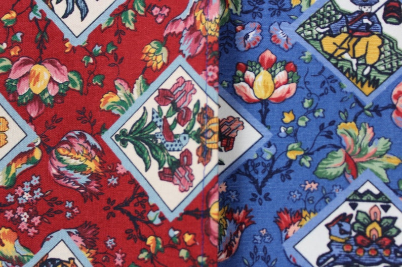 Interior Designer Tablecloth and Runner in Contrasting Red White and Blue Cotton Farmhouse Raj India Elephants Water Buffalo Floral