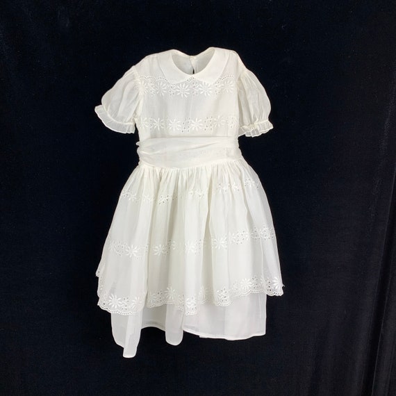 Vintage Girls White Dress size 5-6 Organza Eyelet… - image 1