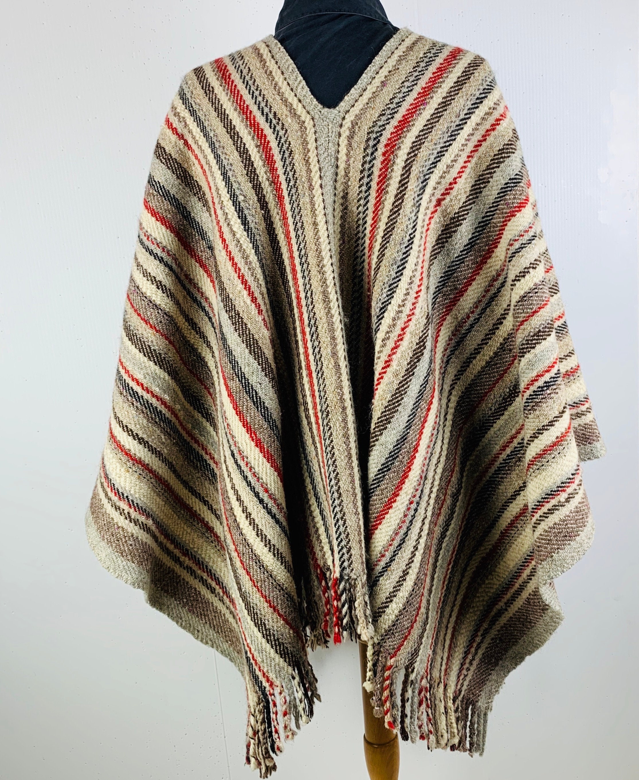 Artist Loom Woven Poncho 100% Wool Stripes Fringe Handwoven by - Etsy