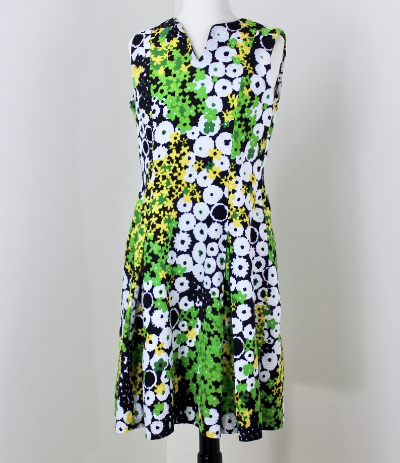 Vintage 1960s A-Line Dress size Medium Waffle Weave Cotton Flower Power Kick Pleats Sleeveless Spring Break Floral