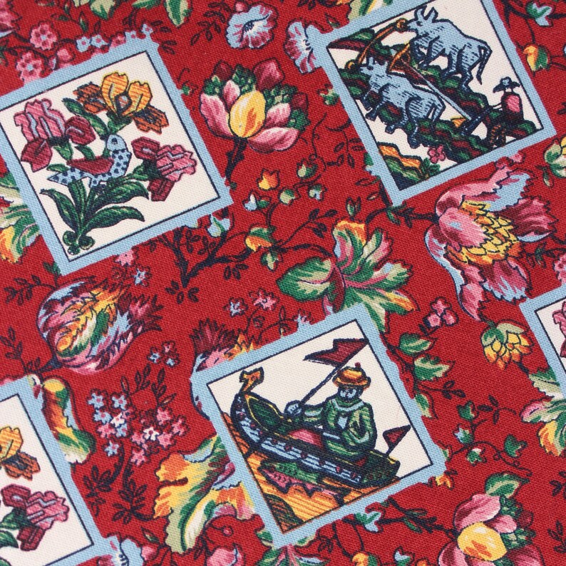 Interior Designer Tablecloth and Runner in Contrasting Red White and Blue Cotton Farmhouse Raj India Elephants Water Buffalo Floral