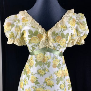 1960s Vintage Maxi Dress S Sheer Yellow Cabbage Roses over Lining Puff Sleeves V Neckline Empire Waist Bridesmaid Lace Satin Ribbon Trim