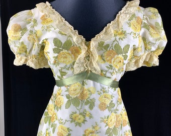 1960s Vintage Maxi Dress S Sheer Yellow Cabbage Roses over Lining Puff Sleeves V Neckline Empire Waist Bridesmaid Lace Satin Ribbon Trim