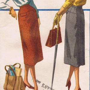 May include: Illustration of two women in pencil skirts. One wears a rust-colored skirt, the other a gray skirt. One carries a brown tote bag with books, the other a brown handbag and umbrella. The image is a vintage fashion illustration.