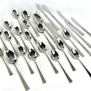 New Old Stock Utica Walco Korea Sonnet Stainless Steel Flatware Lot 27 pieces 8 Teaspoons 8 Tablespoons 8 Knives 1 Salad Fork 2 Lg Spoons