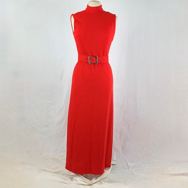 Vintage 1960s Gregg Draddy Maxi Dress 10 MOD Red Ribbed Wood Knit Belted Sheath Christmas Hostess Excellent Condition