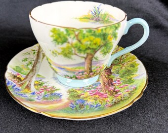 Vintage 1950s Shelley Tea Cup and Saucer Woodland Richmond Shape Colorful Landscape Bone China