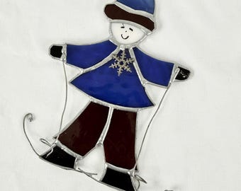 Vintage Stain Glass Suncatcher Skier Red and Blue w Snowflake Charm 6 in Excellent