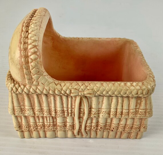 Vintage FTD 1940s Baby Bassinet Shaped Planter Flower Vase Baby Shower Nursery Decor Girl Gift Paper Mache Lambs Baby Boomer Era