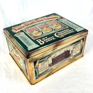 Vintage 1930s Public Benefit Boot Company Metal Advertising Tin Hinged Lid Made in England Excellent Condition