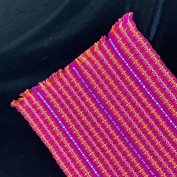 Central American Hand Woven Table Runner Fuchsia Maginta Yellow Ethnic 13" X 54" Reversible Stripes Excellent Condition