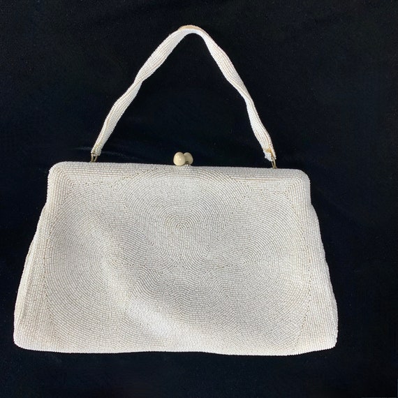 1950 Bonwit Teller Seed Bead White Handbag Kiss L… - image 2