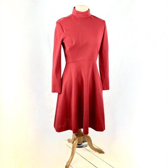 Vintage 1960s Red Wool Knit Aline Dress S/M Lord and Taylor designed by Leo Narducci Christmas Career Long Sleeves Mock Turtle Neck